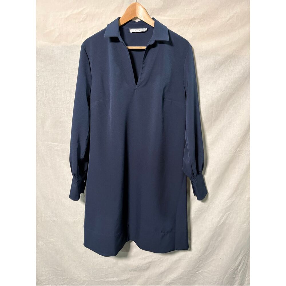 0039 Italy Navy Shift Dress Size M Collared Long Sleeve Stretch Made in Portugal